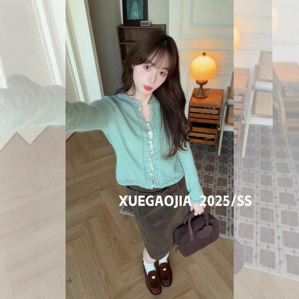 Creambaby Studio 绿色钩花圆领马海毛针织开衫女初秋设计感小众