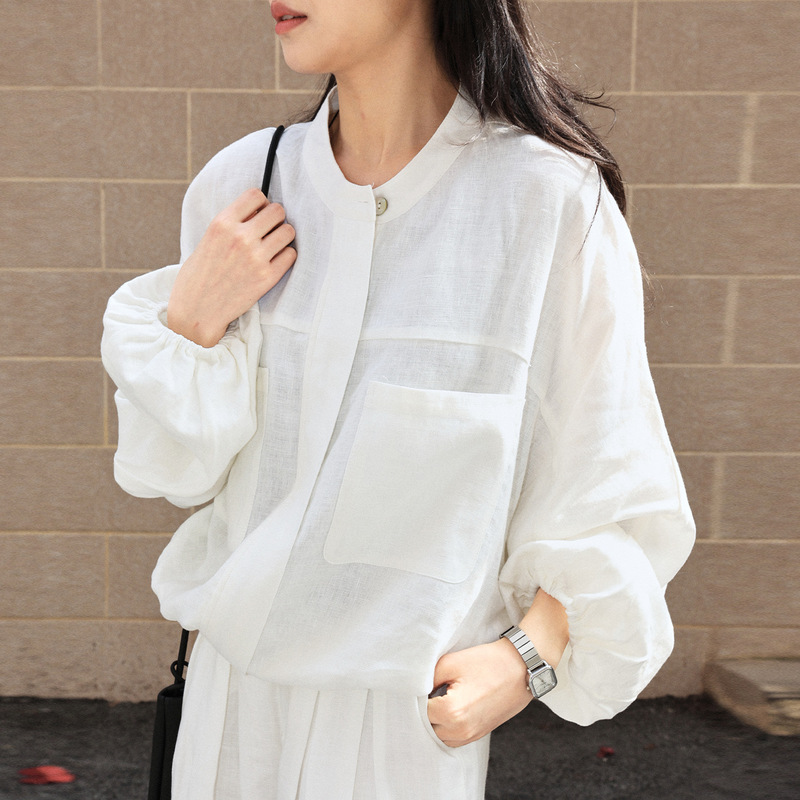 100% Linen Cardigan Old Money Style Jacket for Women, Casual Versatile Long-Sleeve Round-Neck Shirt, Short Commuter Linen Top
