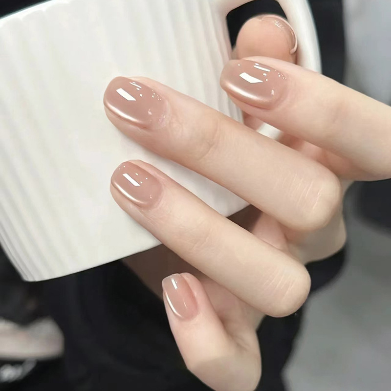 Blanco y suave hielo transparente ojo de gato color café temperamento retro otoño e invierno corto uñas parche de uñas 30 piezas desmontables