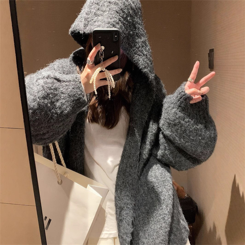 跨境连帽毛衣开衫外套女款2025新款秋冬季宽松慵懒风中长款针织衫|undefined