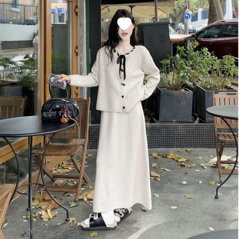 韩版圆领系带针织开衫时尚套装女秋冬新款宽松慵懒风半身裙两件套|undefined