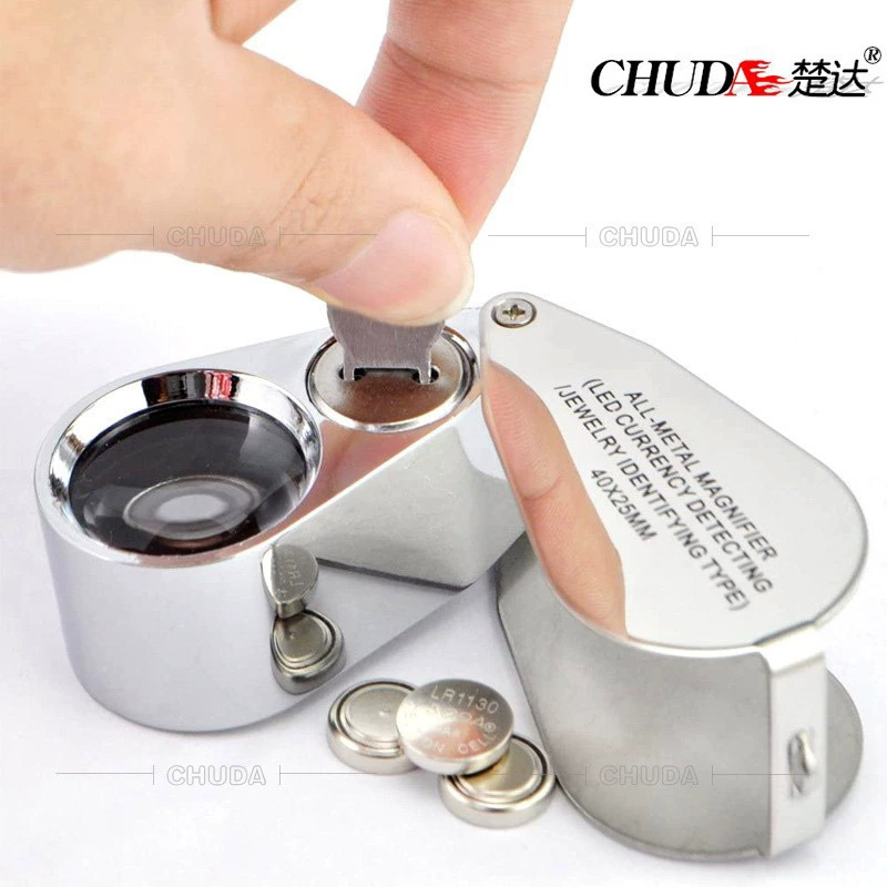 Ювелирные изделия для идентификации Chuda с фиолетовым увеличительным стеклом 40 раз 25 мм Цельнометаллический светодиодный складной портативный