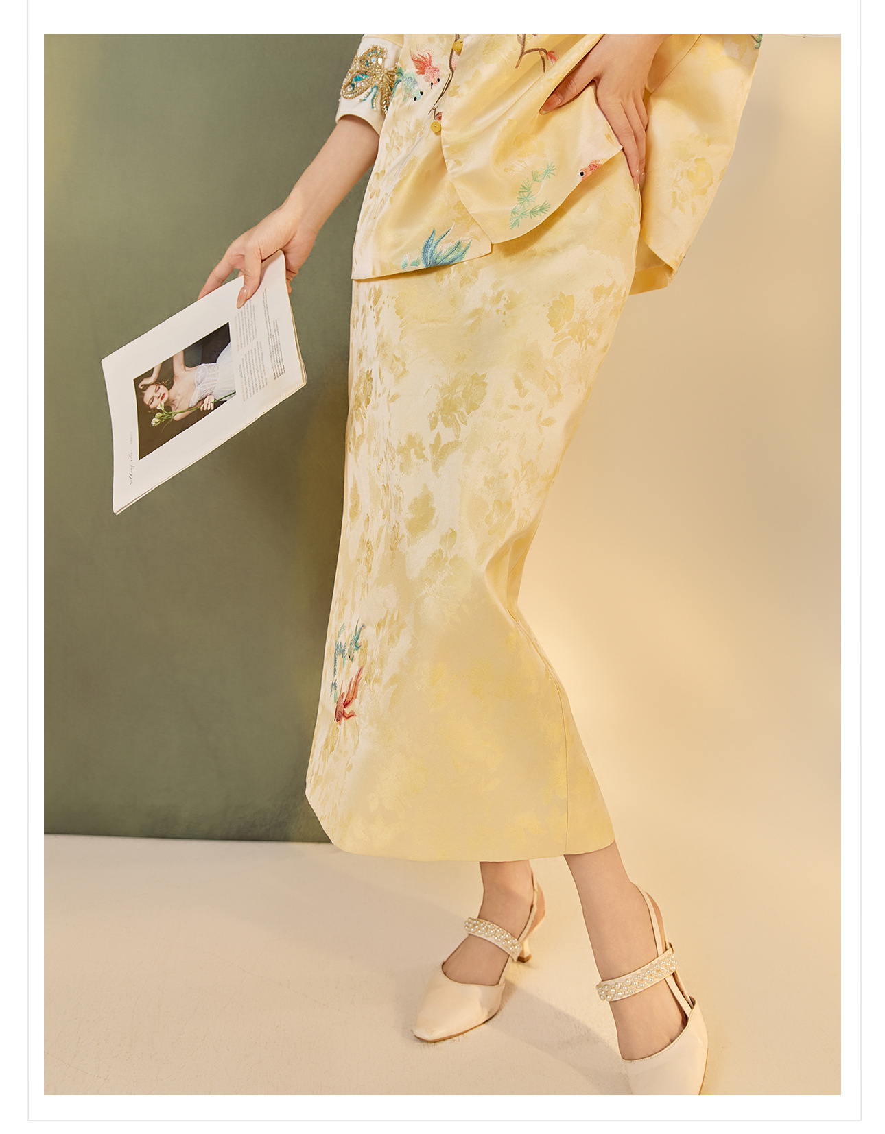 Bộ áo váy satin thêu jacquard cổ tròn phong cách Trung Hoa N6026 — áo, váy chi tiết 18