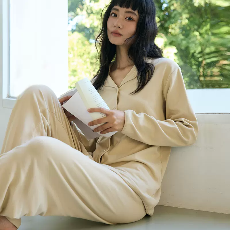 家居服女秋冬纯色套装宽松纽扣翻领长袖上衣休闲长裤软糯外穿睡衣