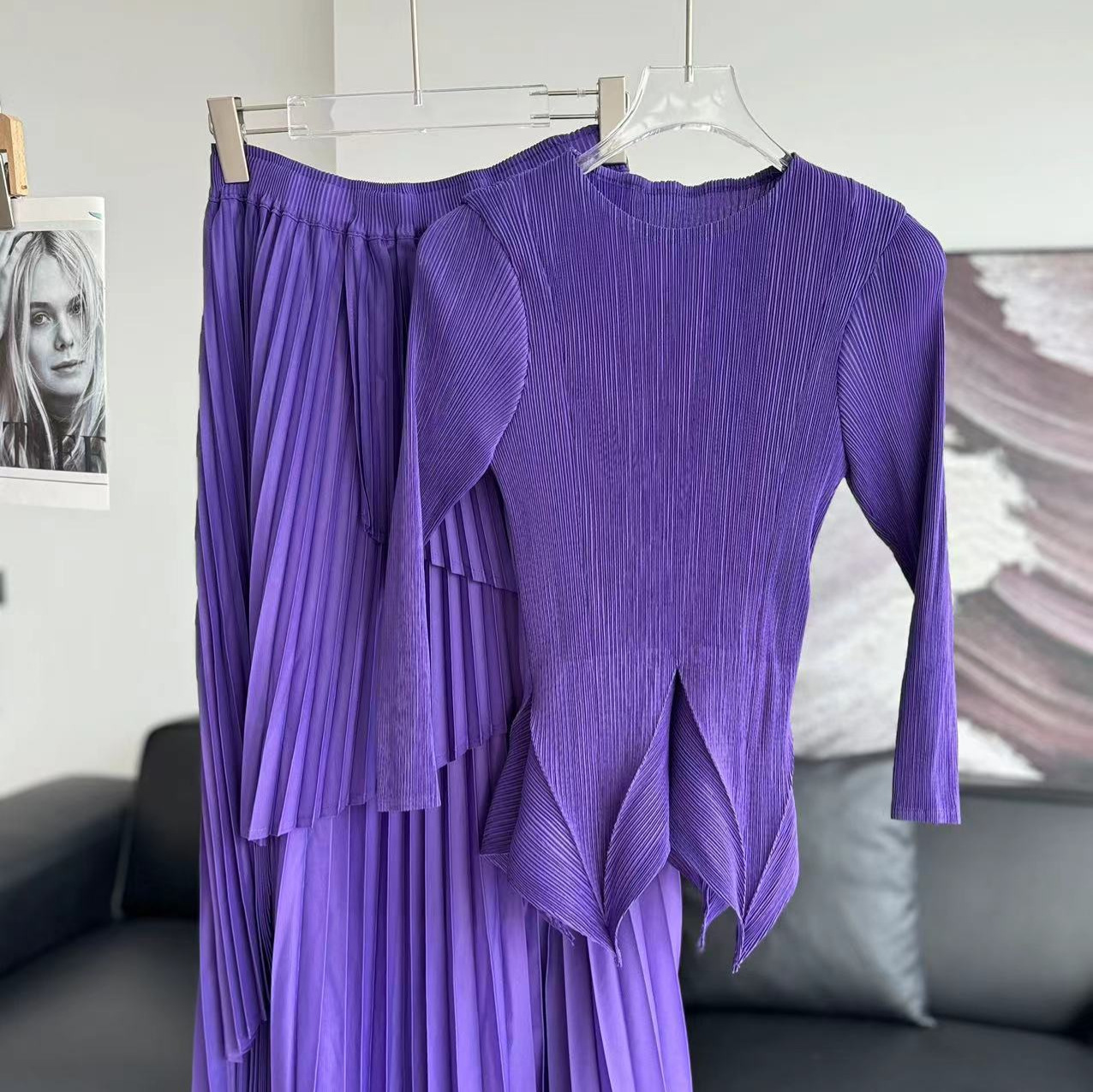 Women's Clothing solid color evening dress long sleeve two piece set floral hem elastic waist skirt top elegant commuter suit_voghion.com