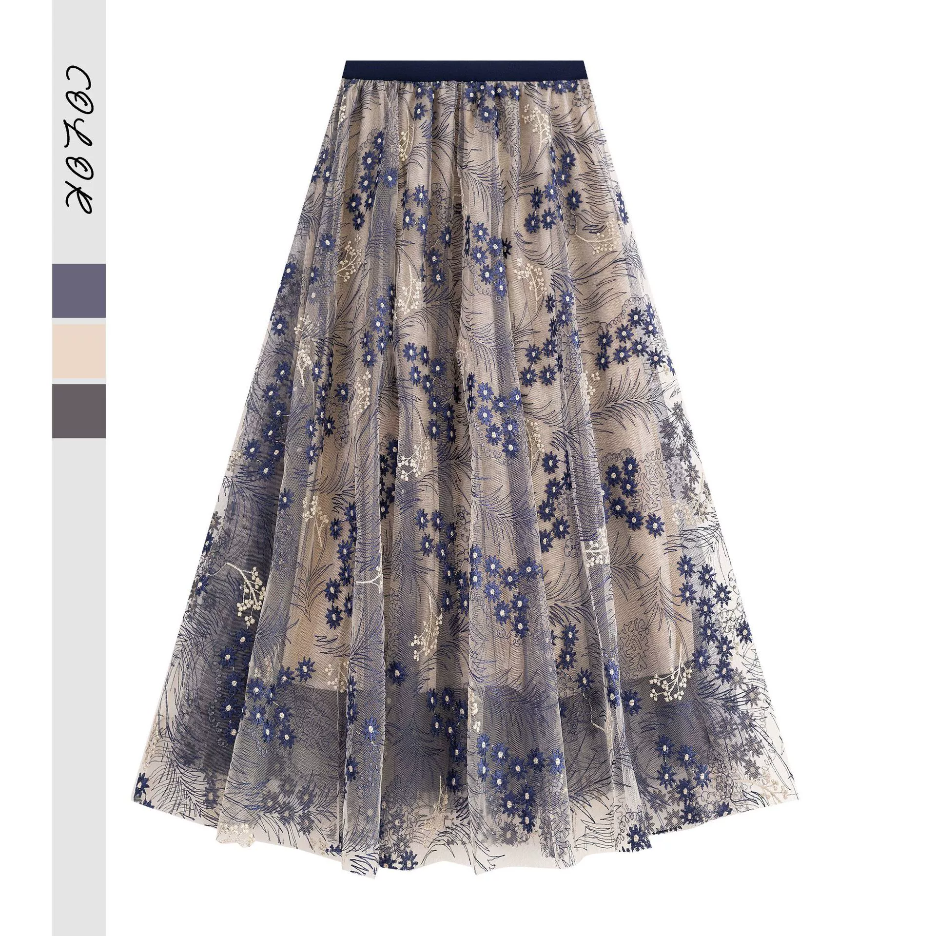 Юбка с вышивкой тяжелой промышленности женская осень с высокой талией тонкая кружевная юбка-юбка