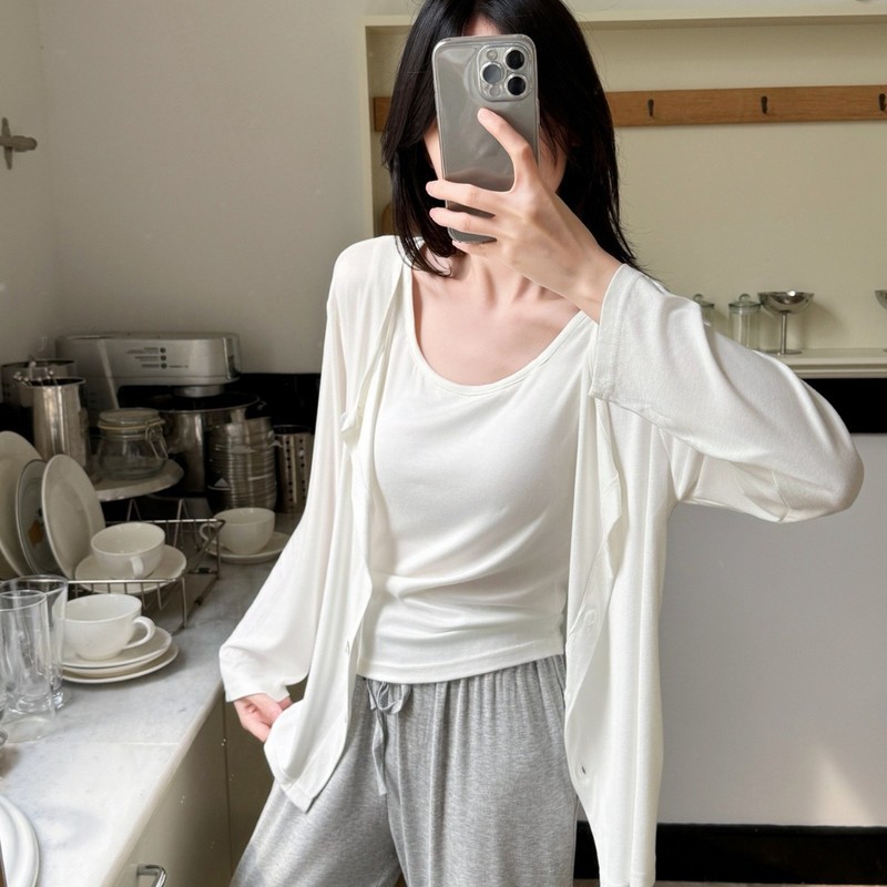 韩系背心开衫长裤带Bra三件套春秋新款莫代尔简约休闲家居服套装|undefined