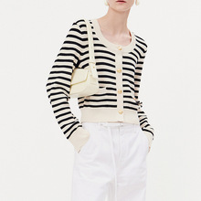25秋季新款复古条纹羊毛针织开衫毛衣女U领气质修身长袖外套上衣