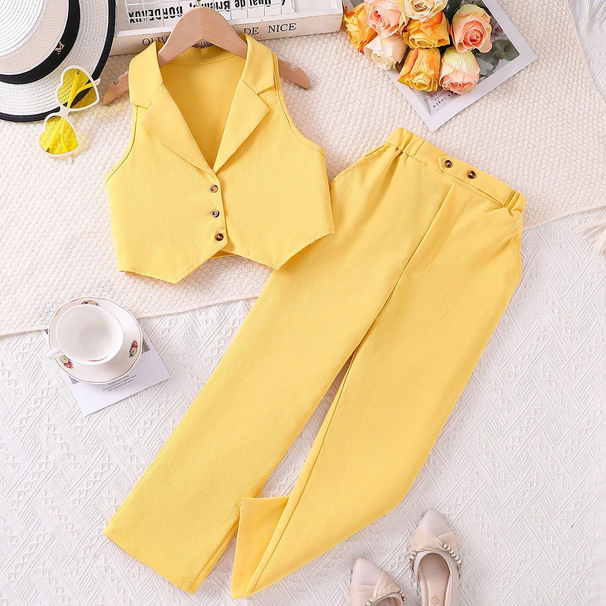 Traje para niños Verano coreano cardigan sin mangas traje corto top pantalones de dos piezas para niñas ropa infantil transfronteriza