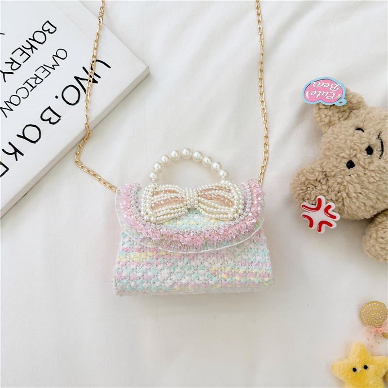 Colorido lentejuelas de los niños bolsa arco accesorios princesa estilo occidental perla bolso coreano mini cadena mensajero bolsa