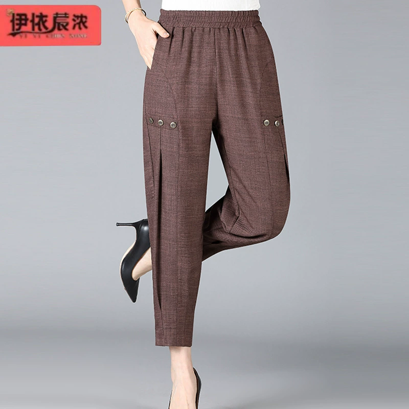 Летние женские брюки с эластной талией шаровары тонкие 2024 новые средние и пожилые мамы брюки модные повседневные укороченные женские