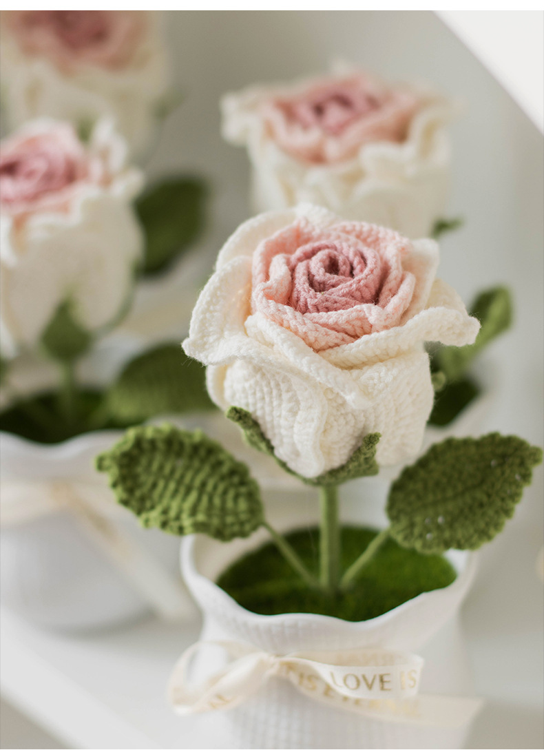 Ready-made hand-knitted rose artificial flower potted plants, office desktop potted plants, knitted flower ornaments, artificial flowers wholesale pic 13