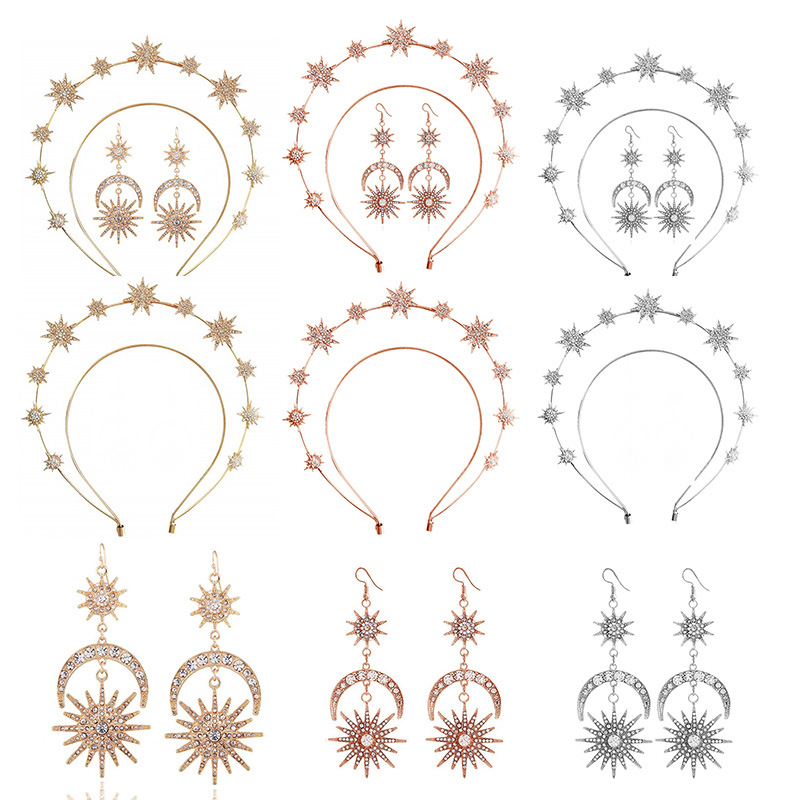 European and American Cross-Border Fashion Stylish Sun Moon Six-Pointed Star Boho Style Ear Jewelry Headband Earrings Bridal Set