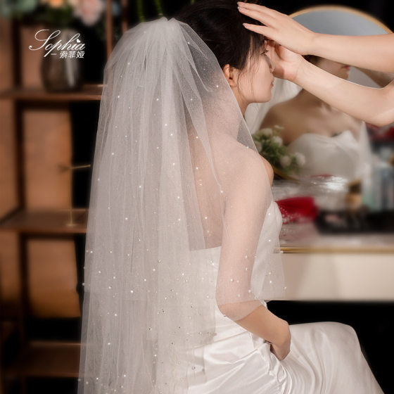 Fine flash veil French proposal wedding headdress Super fairy Mori travel photography double-layer mid-length bridal main wedding dress