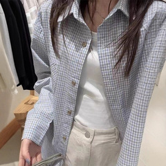 美式复古格子衬衫女夏季防晒文艺风叠穿宽松长袖衬衣春秋跨境上衣