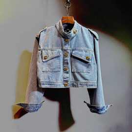 美式设计个性时尚金扣新款上衣外套洋气短款夹克复古牛仔女外套