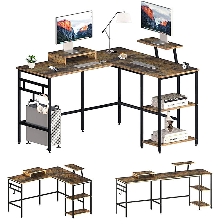 Cross-border Dedicated American Office Corner Table Multi-functional Assembly One-word Table with Two Monitor Stand Cross-border Dedicated American Office Corner Table Multi-functional Assembly One-word Table with Two Monitor Stand