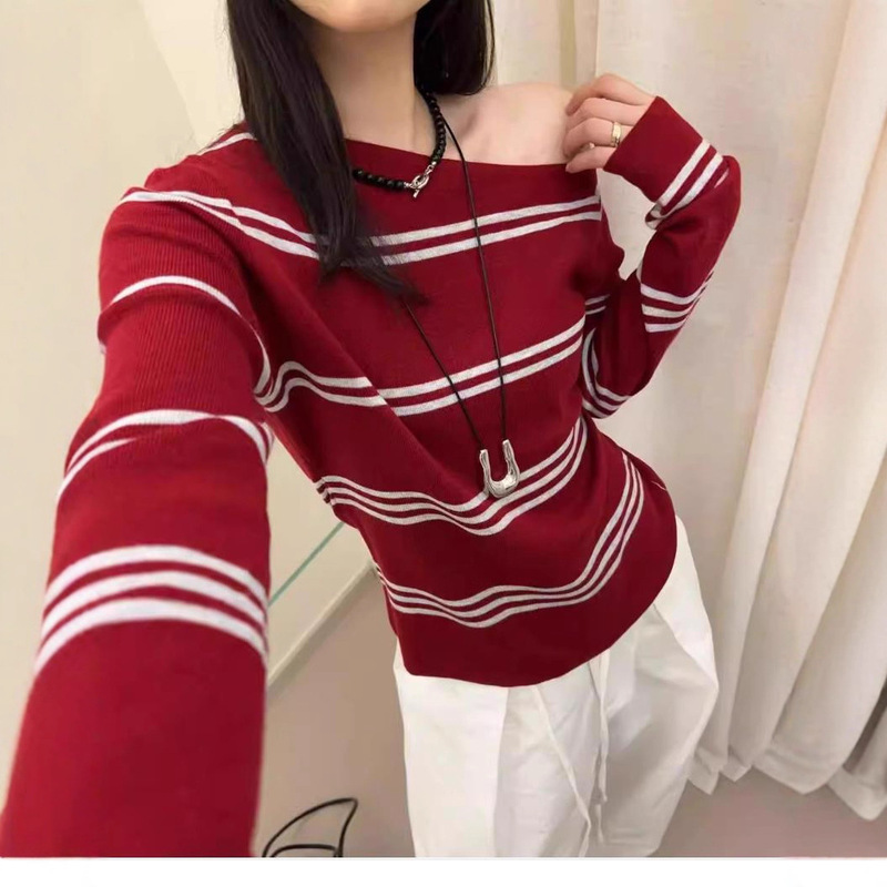 欧货时尚斜肩条纹长袖针织衫女2025秋季新款气质显瘦打底休闲上衣|undefined