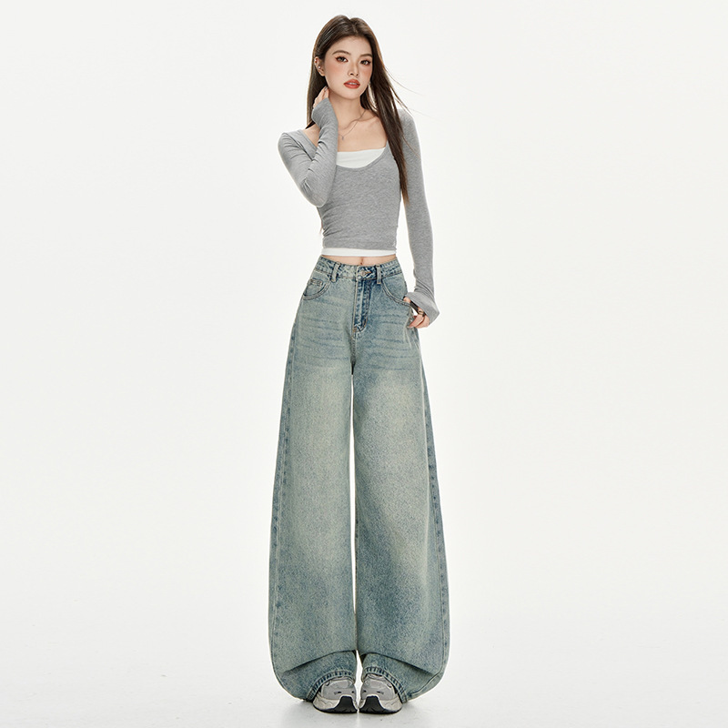 【Kk】Retro Blue Cat Whiskers Light Blue Distressed Washed Jeans Women's American Loose Wide-Leg Straight Pants 【Kk】Retro Blue Cat Whiskers Light Blue Distressed Washed Jeans Women's American Loose Wide-Leg Straight Pants