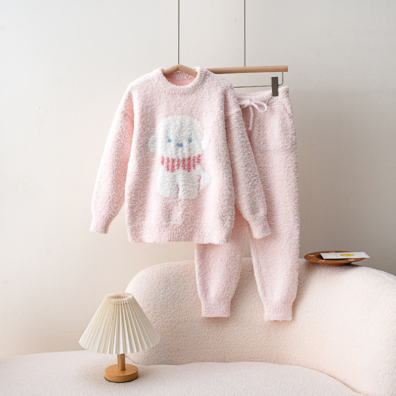Winter Pajamas Women's Soft Half-side Velvet Warm Thickened Outer Wear Home Clothes suit Teddy Dog