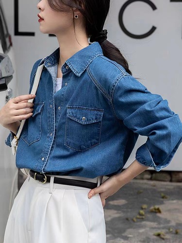 Blue Vintage Denim Jacket for Women Spring Straight Shoulder Top Design Sensory Minority Layering Shirt Spring