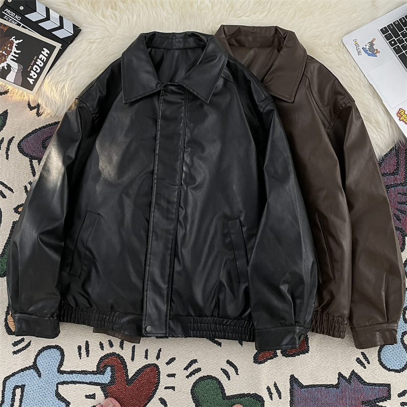 vintage美式工装夹棉皮棒球服棉衣男生宽松潮牌夹克PU翻领棉袄