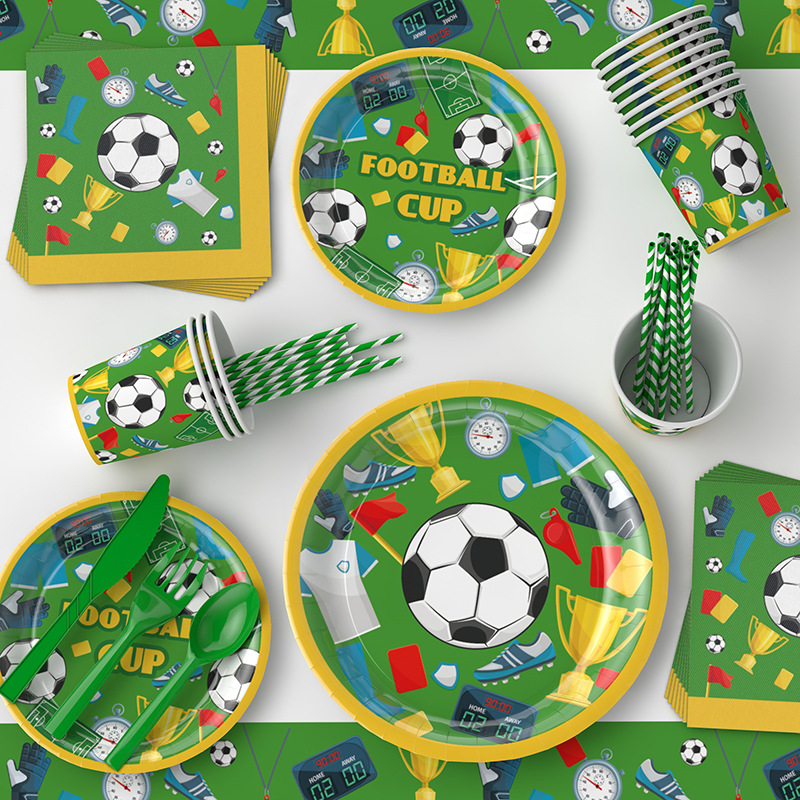 Copa Mundial de Amazon fútbol niño fiesta de cumpleaños tema plato de papel desechable taza de papel tejido decoración traje