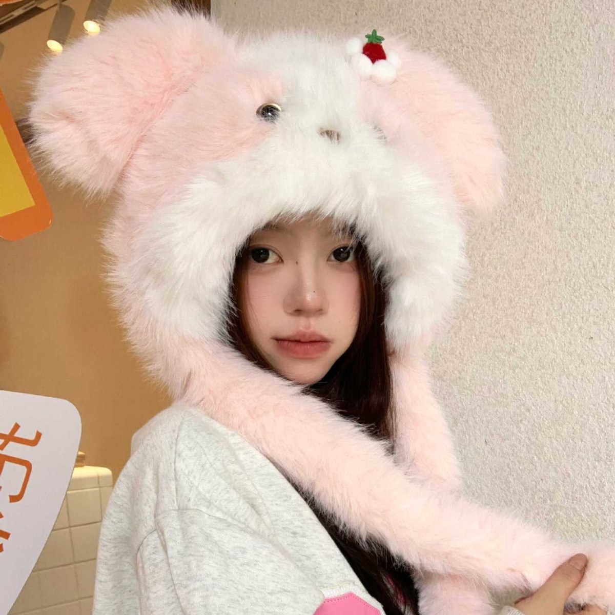 여성 겨울 강아지 귀달이 모자 목도리 일체형 보온 털모자