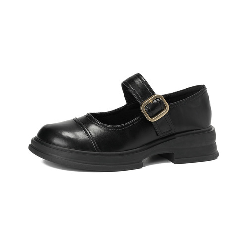 Wwei Girl 523-7 English Style Small Leather Shoes for Women Retro One Strap Low-Top Black Thick Sole Flat Shoes