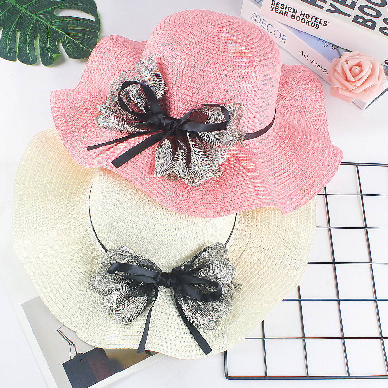 Primavera y verano malla arco sombrero para el sol con volantes sombrero para el sol moda damas playa sombrero al aire libre sombrero al por mayor