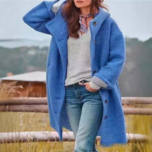 Amazon AliExpress 2025 Cross-border European and American Fashion Women's Woolen Coat Solid Color Hooded Temperament Long Jacket