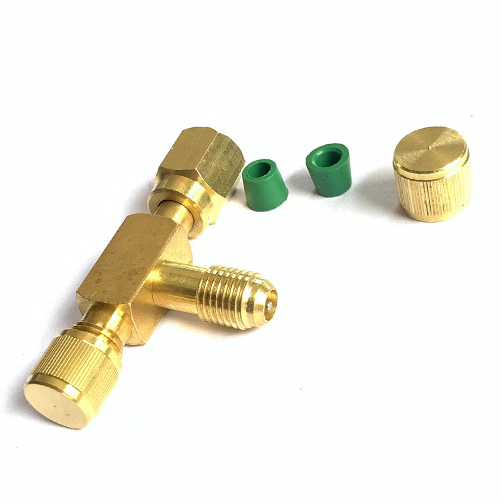 A Set of 1/4" Sae Valve Core Tee Adapter Air Conditioning Refrigeration Equipment Liquid Filler with Sealing Cap