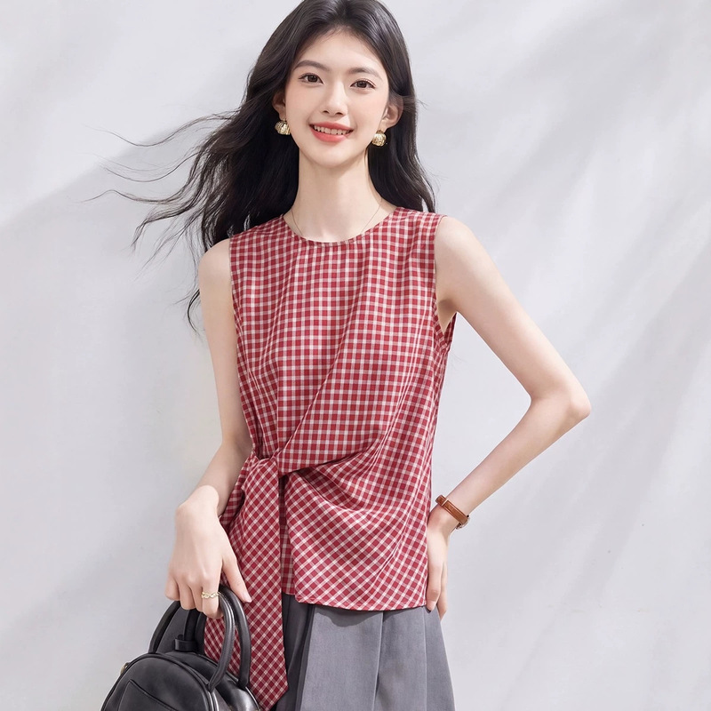 Korean Style Sleeveless Plaid Halter Shirt for Women 2026 Summer New Round Neck Tie Sleeveless Shirt Women's Tank Top Korean Style Sleeveless Plaid Halter Shirt for Women 2026 Summer New Round Neck Tie Sleeveless Shirt Women's Tank Top