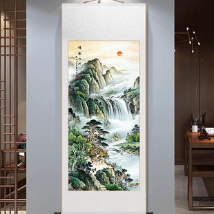 国画办公室字画竖版玄关卷轴挂画旭日东升山水画新中式客厅装饰画-阿里巴巴