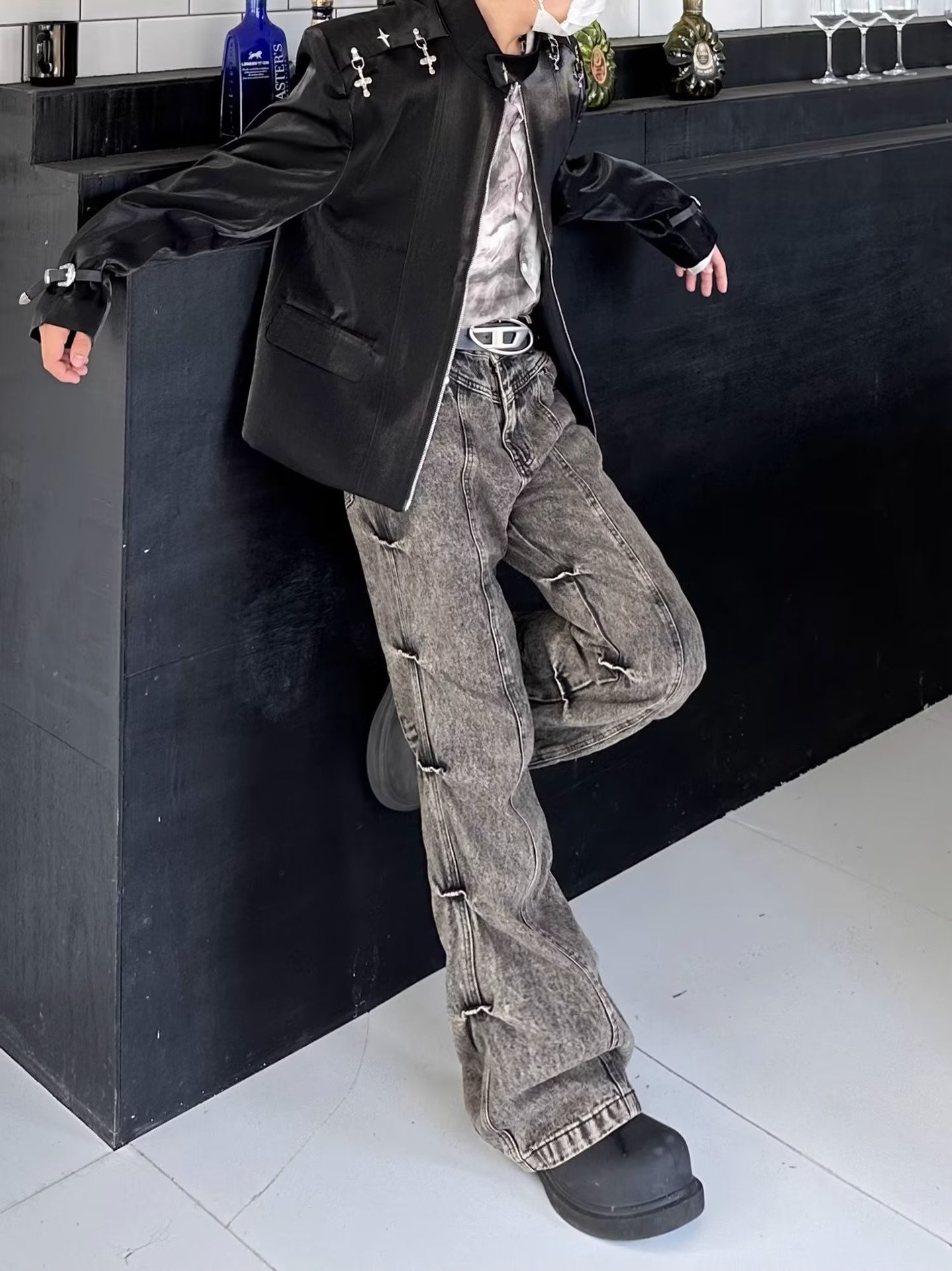 American High Street Vintage Worn-out Earth-tone Washed Pleated Flared Jeans Men's Wide-leg Trendy Long Pants_mkmklike.com