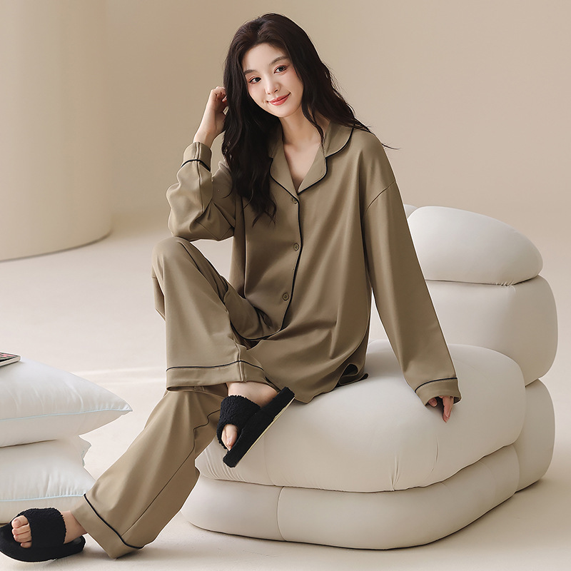 [Algodón puro] 40 pijamas de doble cara para mujer, primavera, otoño e invierno, nuevo estilo de manga larga con almohadilla para el pecho, traje de servicio a domicilio que se puede usar afuera