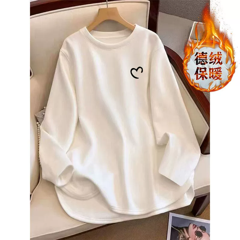 2024 новый стиль утолщенная футболка с начесом для женщин, осень и зима, свободная базовая рубашка средней длины с длинными рукавами.