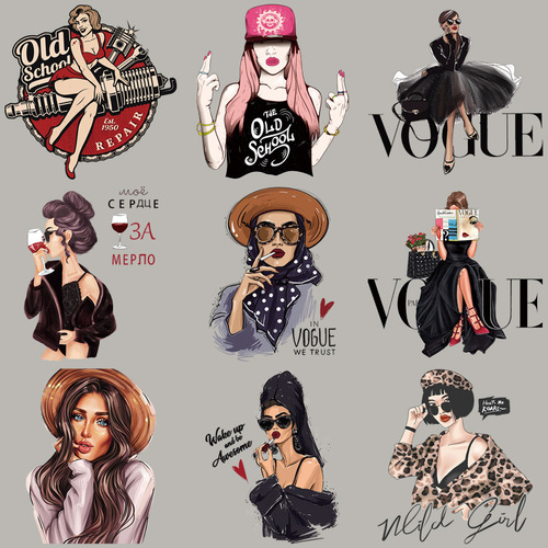 Hip-hop style girl heat transfer printing on clothing and accessories using VOGUE beauty copperplate printing stickers