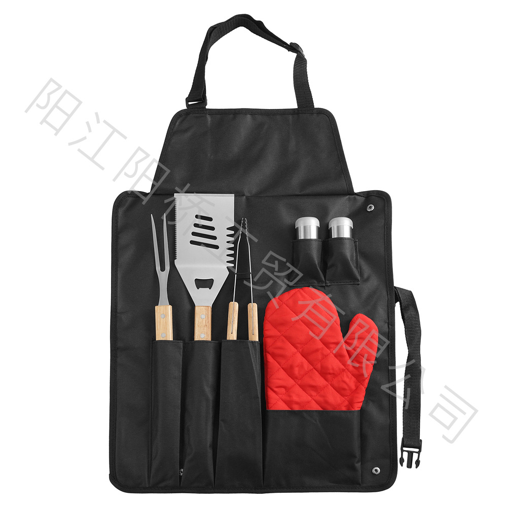 Spot fabricante de herramientas de barbacoa de acero inoxidable al aire libre BBQ mango de madera bolsa de falda clip de horquilla combinación equipo de parrilla juego completo