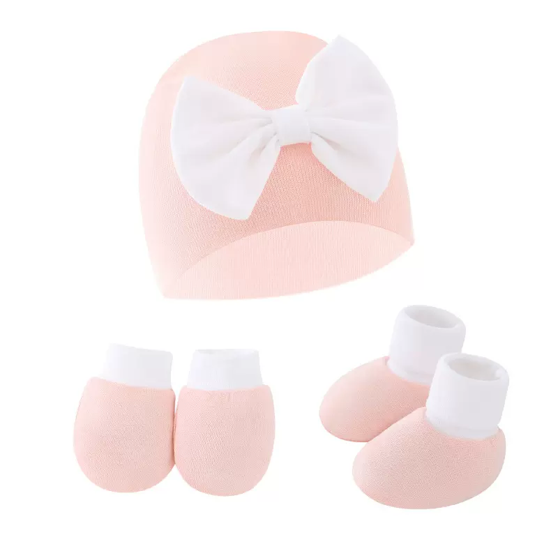 清仓外贸欧美新生儿胎帽防抓手套脚套婴儿帽蝴蝶结印度帽三件套
