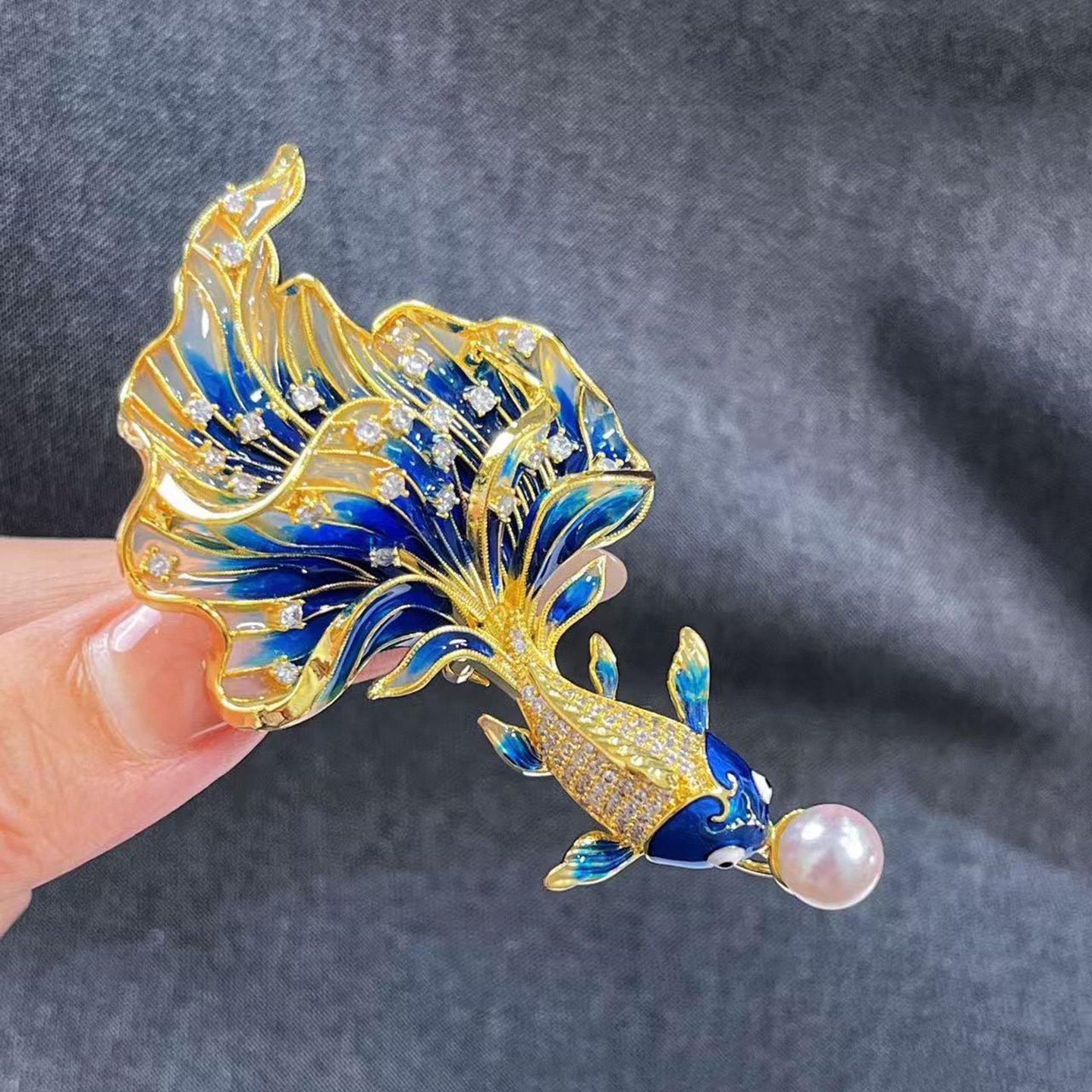 DIY accessories, Chinese-style enamel koi fish brooch, 3D gold-plated fish tail, cubic zirconia pin, pearl brooch setting