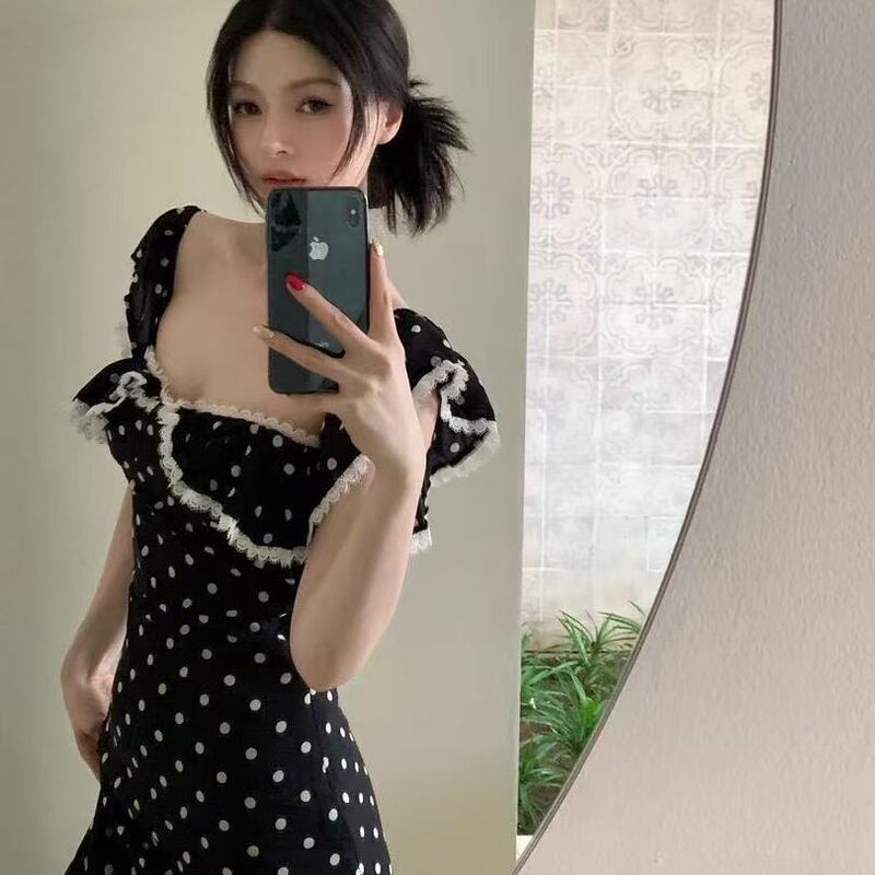 2026 Summer New Style Waist-Cinching Slimming Hollow-Out Square-Neck Lace Ruffle Black Polka Dot Long Dress for Women Trendy