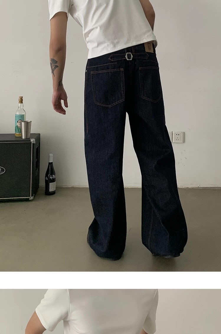 Men's Retro Style Straight Leg Jeans Original Color Paris Button Washed Loose Wide Leg Floor Length Trousers_mkmklike.com