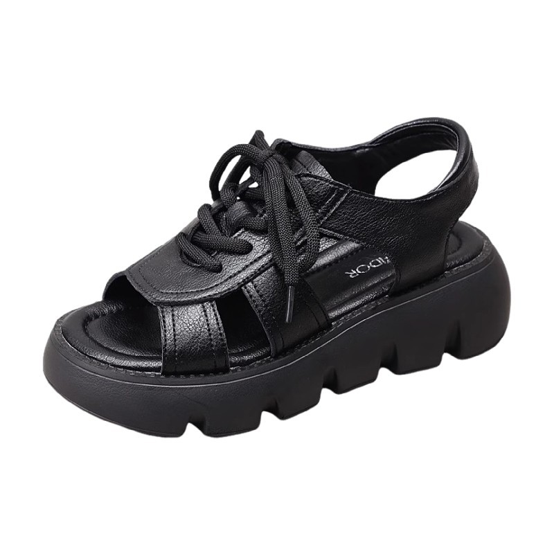 Sandálias romanas de cuero suave para mujeres verano 2025 nuevas sandalias de pez con correa de fondo grueso para usar muffins con botas de fondo plano