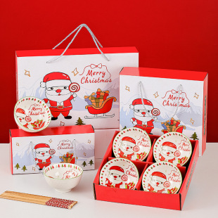 Cross-Border Creative Ceramic Tableware Christmas Cartoon Bowls and Chopsticks Set Bowls Household Rice Bowls Gift Boxes Wholesale