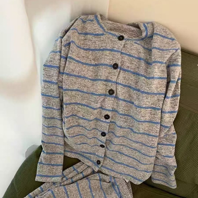 韩系蓝灰条纹长袖长裤睡衣女2025春秋季新款家居服套装可外穿大码|undefined