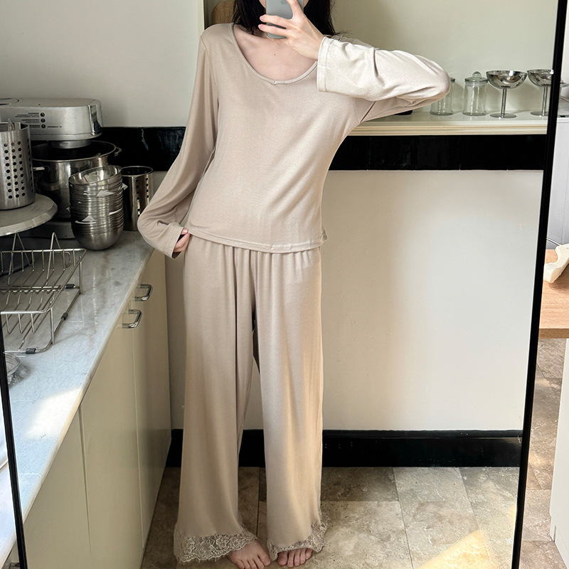Korean Style Pajamas for Women New Pure Color Sexy Lace Simple Casual Long-Sleeved Pants Home Wear Suit Thin Section Korean Style Pajamas for Women New Pure Color Sexy Lace Simple Casual Long-Sleeved Pants Home Wear Suit Thin Section