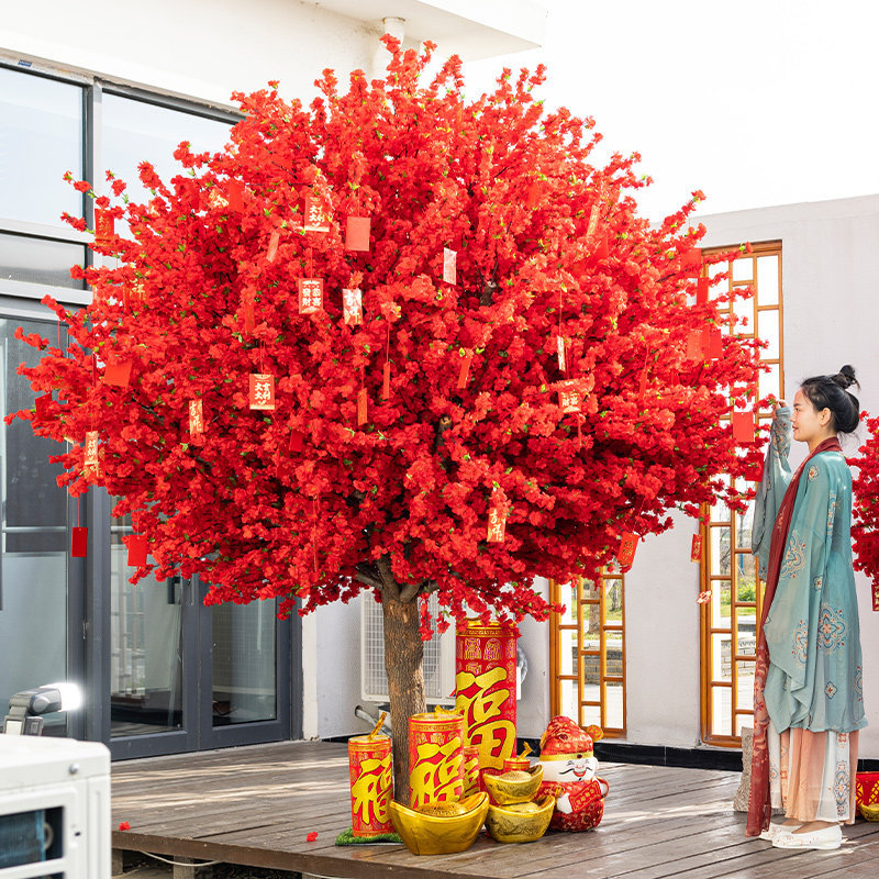 新春仿真红色桃花树假梅花树发财红包树许愿树商场节日室内装饰