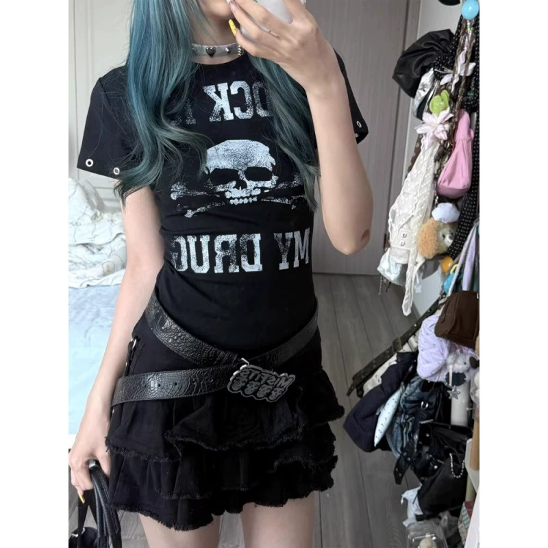 Корейская уличная футболка с принтом черепа из чистого хлопка с короткими рукавами, женская сексуальная футболка для похудения, летний топ y2k