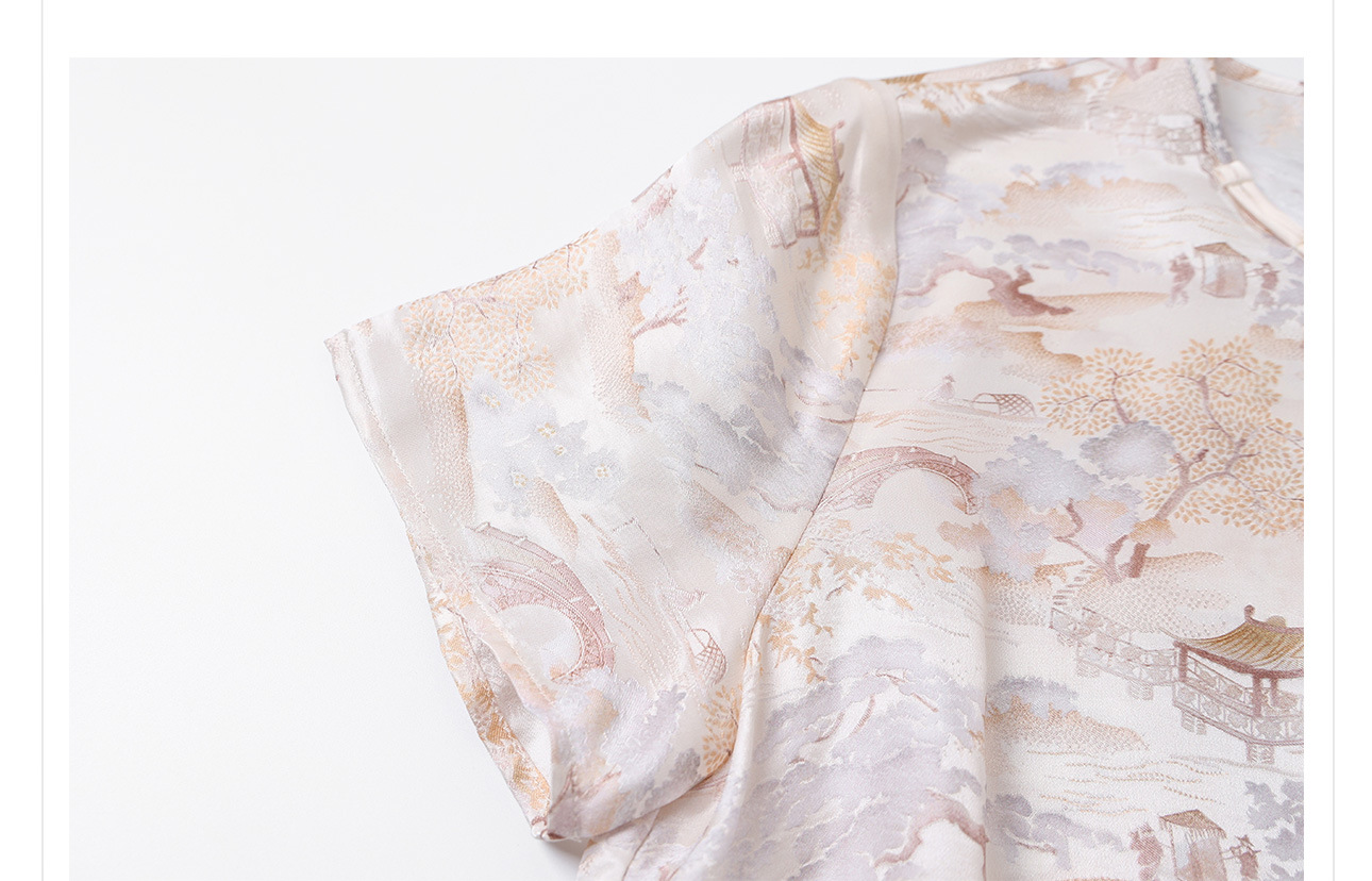 Áo thun cổ tròn tay ngắn phong cách Tân Trung Hoa đính khuy vải, chất liệu lụa tơ tằm jacquard — Màu hồng, màu mơ chi tiết 17